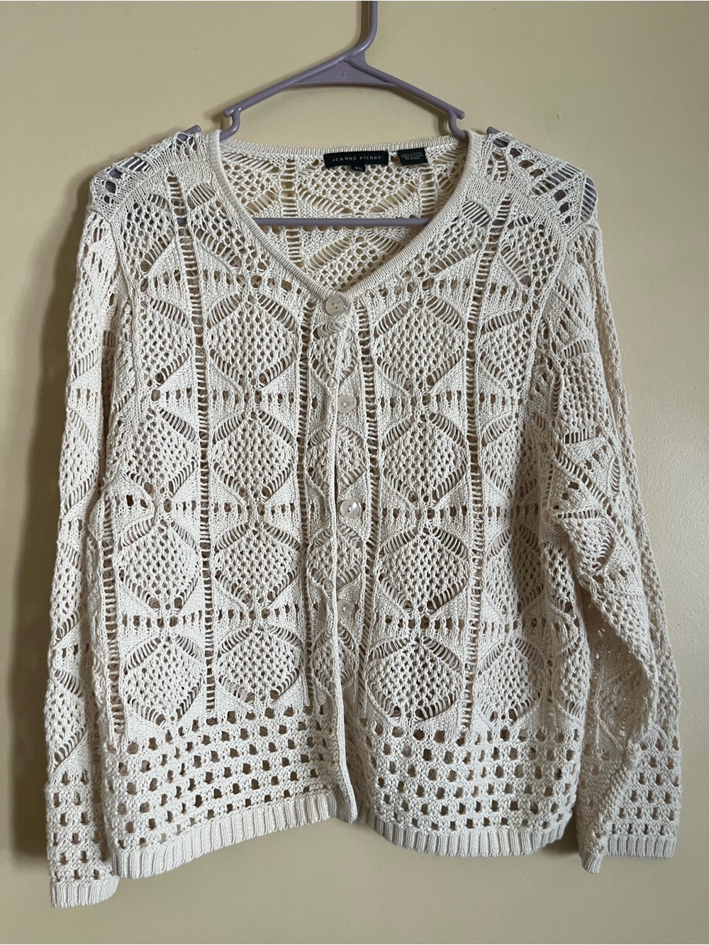 JEANNE PIERRE Cream Crochet Openwork Button-Front Cardigan